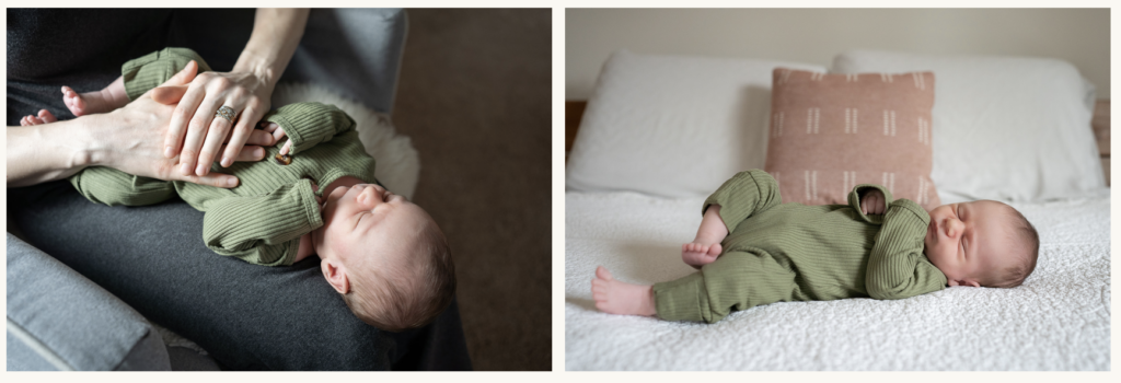 a collage of two photos. Both are close ups of a newborn baby.